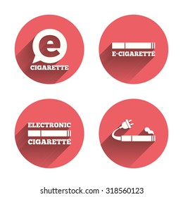 E-Cigarette with plug icons. Electronic smoking symbols. Speech bubble sign. Pink circles flat buttons with shadow. Vector