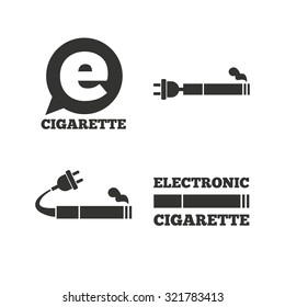 E-Cigarette with plug icons. Electronic smoking symbols. Speech bubble sign. Flat icons on white. Vector