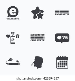 E-Cigarette with plug icons. Electronic smoking symbols. Speech bubble sign. Flat talking head, calendar icons. Stars, like counter icons. Vector