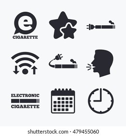 E-Cigarette with plug icons. Electronic smoking symbols. Speech bubble sign. Wifi internet, favorite stars, calendar and clock. Talking head. Vector