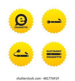 E-Cigarette with plug icons. Electronic smoking symbols. Speech bubble sign. Yellow stars labels with flat icons. Vector