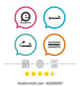E-Cigarette with plug icons. Electronic smoking symbols. Speech bubble sign. Calendar, internet globe and report linear icons. Star vote ranking. Vector