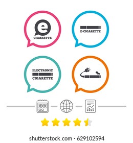 E-Cigarette with plug icons. Electronic smoking symbols. Speech bubble sign. Calendar, internet globe and report linear icons. Star vote ranking. Vector
