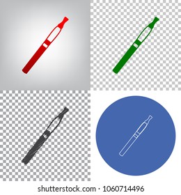 Señal de cigarrillo electrónico. Vector. 4 estilos. Gradiente rojo en fondo radial iluminado, iconos de garabatos planos y grises verdes en uno transparente y lineal en círculo azul.