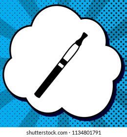 E-cigarette sign. Vector. Black icon in bubble on blue pop-art background with rays.