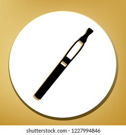 E-cigarette sign. Vector. Black icon with light brown shadow in white circle with shaped ring at golden background.