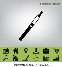 E-cigarette sign. Vector. Black icon at gray background with bonus icons at celery ones