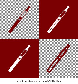 E-cigarette sign. Vector. Bordo and white icons and line icons on chess board with transparent background.