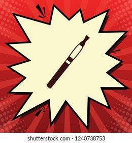 E-cigarette sign. Vector. Dark red icon in lemon chiffon shutter bubble at red popart background with rays.