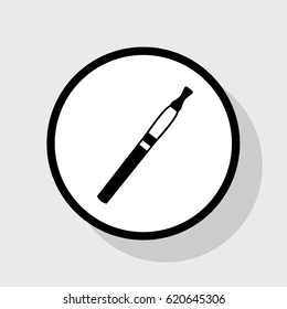 E-cigarette sign. Vector. Flat black icon in white circle with shadow at gray background.