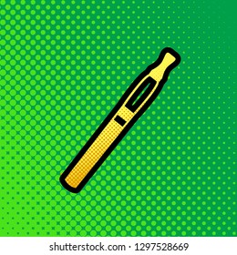 E-cigarette sign. Vector. Pop art orange to yellow dots-gradient icon with black contour at greenish background.