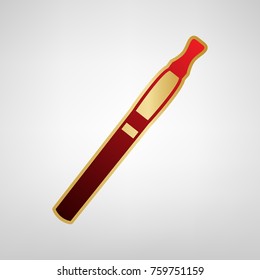 E-cigarette sign. Vector. Red icon on gold sticker at light gray background.