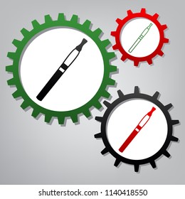 E-cigarette sign. Vector. Three connected gears with icons at grayish background.