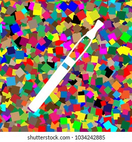 E-cigarette sign. Vector. White icon on colorful background with seamless pattern from squares.
