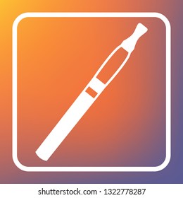 E-cigarette sign. Vector. White icon on transparent button at orange-violet gradient background.