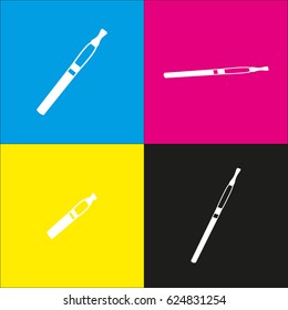 E-cigarette sign. Vector. White icon with isometric projections on cyan, magenta, yellow and black backgrounds.