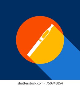 E-cigarette sign. Vector. White icon on tangelo circle with infinite shadow of light at cool black background. Selective yellow and bright navy blue are produced.