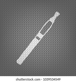 E-cigarette sign. Vector. White knitted icon on gray knitted background. Isolated.