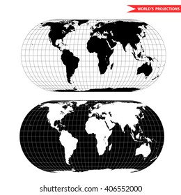 eckert world map projection. Black and white world map vector illustration.