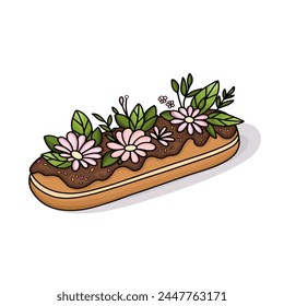 Eclair brewing cake set. Sweet eclair with chocolate glaze and custard cream. Tasty dessert. Bread baked food. Bakery shop, pastry. Vector illustration in flat style. 