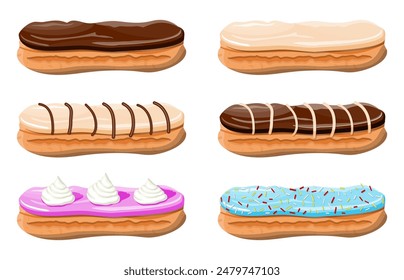 Eclair brewing cake set. Sweet eclair with chocolate glaze and custard cream. Tasty dessert. Bread baked food. Bakery shop, pastry. Vector illustration in flat style