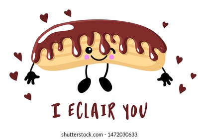 Eclair brewing cake. Sweet eclair with chocolate glaze and custard cream. Tasty dessert. Bread baked food. Bakery shop, pastry. Vector illustration in flat style