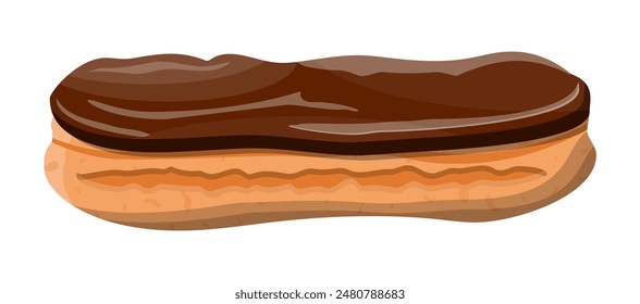 Eclair braut Kuchen. Süße Dekoration mit Schokoladenglasur und Creme. Leckerer Nachtisch. Brot gebacken Essen. Bäckerei, Konditorei. Vektorillustration im flachen Stil