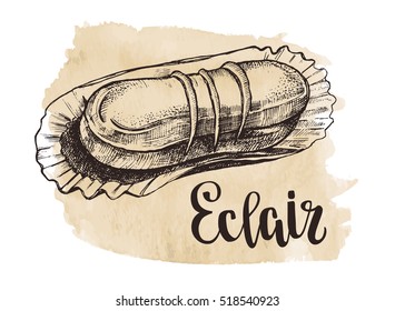 Eclair cake on a paper substrate. Hand drawn sketch vector illustration with modern calligraphy brush lettering on the watercolor style background. Template for menu, labels, signboard design.