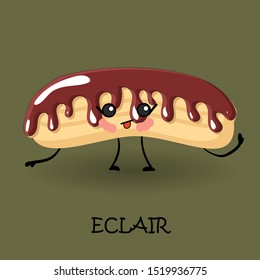 Eclair character with face and smile. Kawaii sweets and desserts