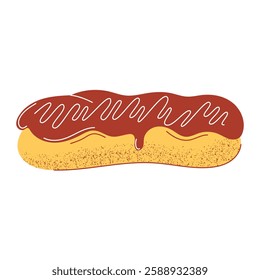 Eclair with chocolate glaze, vector illustration, flat hand drawn style. Popular baked food, pastry or dessert perfect for breakfast, snack. For sticker, web design, bakery, cafe, restaurant or bar.