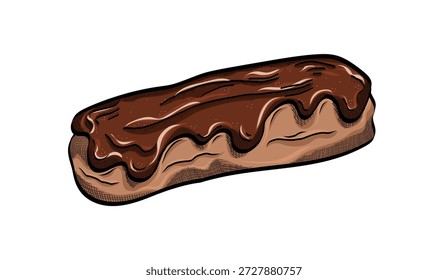 Eclair com chocolate. Desenho de mão tradicional sobremesa francesa. Arte mínima contemporânea. Ilustração de esboço, estilo vintage. Melhor para design de pacote e menu