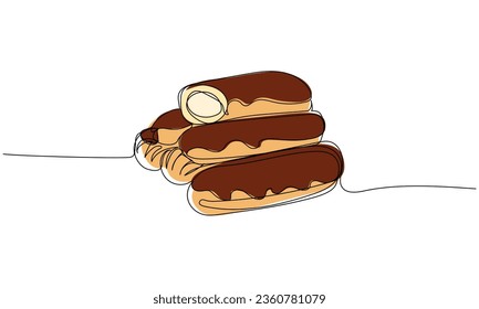 Eclair in continuous one line art style. Cafe, bakery, restaurant logo concept. Simple vector illustration