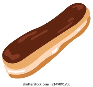 Eclair with cream and chocolate glaze. Hand drawn vector illustration. Suitable for stickers, greeting cards, gift paper, menu.