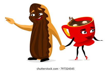 eclair with a cup of coffee and marshmallows. funny characters. vector illustration