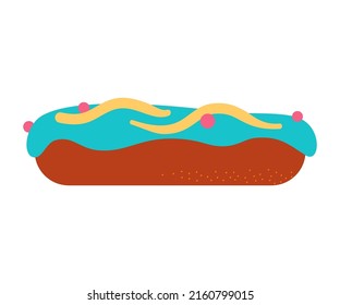 Eclair with custard - flat design style single isolated object. Neat detailed image of sweet dessert with colorful topping. Delicious dish, restaurant or cafe menu, bakery, pastries, creamy food idea