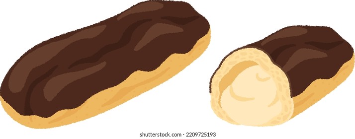 Eclair is a French pastry. It is made by sandwiching custard cream between long and thin baked choux pastry and pouring fondant flavored with chocolate caramel, green tea, etc. on top.