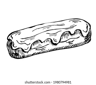 eclair hand drawn sketch isolated on white. vector illustration of sweet glazed french eclair. traditional cream dessert.  For menu, cafes, recipes, bakery, confectionery labels