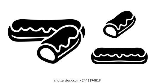 Eclair icon, black silhouette on white. Whole uncut cake and sliced piece with icing. Vector stencil clipart, minimalist design sign or logo, illustration of bakery and traditional french dessert.