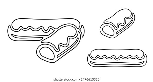 Eclair line icon, black outline isolated on white. Whole uncut cake and sliced piece with icing. Vector clipart, minimalist design sign or logo of bakery, traditional french dessert.