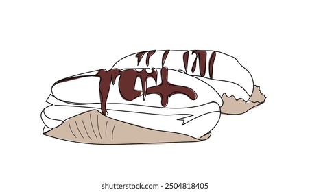 Eclair line icon, black outline isolated on white. Whole uncut cake and sliced piece with icing. Vector clipart, minimalist design sign or logo of bakery, traditional french dessert.