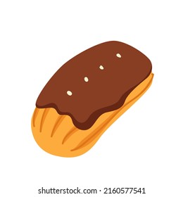 Eclair pastry with chocolate icing topping. Sweet yummy dessert, candy bar custard product, choux dough filled with whipped cream, confectionery sweets vector illustration