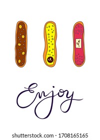 Eclair pastry postcard with hand written typography. French dessert with juicy glaze and modern decor. Delicious pastry, baked sweets. Top view food concept of confectionery art, french bakery shop.