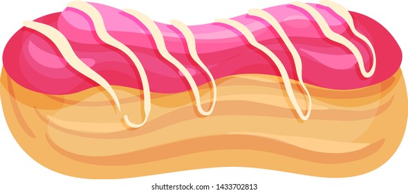 Eclair with pink glaze. Vector illustration on white background.
