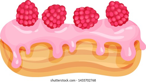 Eclair with pink glossy glaze. Vector illustration on white background.