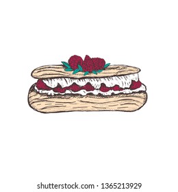 Eclair with raspberry sketch vector illustration. Eclair hand drawing