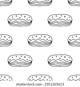 eclair seamless vector pattern, sweet french dessert with cream, fresh tasty bun for breakfast, food sketch, line art, black and white background