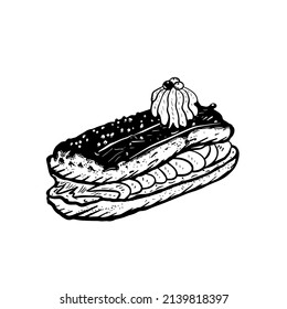 Eclair vector hand drawing illustration in black color isolated on white background
