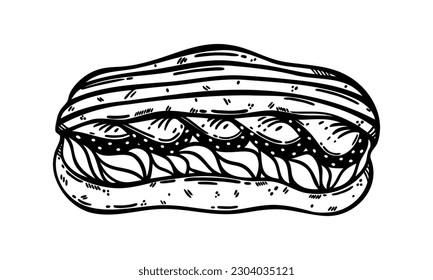 Eclair vector icon. Sweet french dessert with cream, biscuit, fresh strawberries. Tasty bun for birthday, party. Food sketch, line art. Black and white clipart for menu, cafe, print. Isolated on white