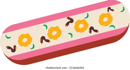 eclair with white and pink icing and nuts 