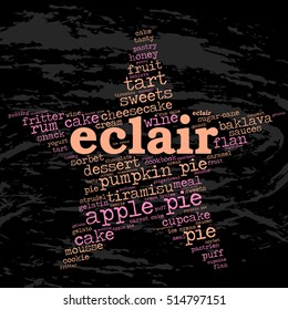 Eclair. Word cloud, star, grunge background. Food for celebrities.